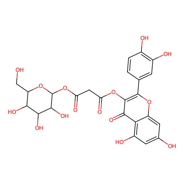 2D Structure of 3-O-[2-(3,4-dihydroxyphenyl)-5,7-dihydroxy-4-oxochromen-3-yl] 1-O-[(2S,3R,4S,5S,6R)-3,4,5-trihydroxy-6-(hydroxymethyl)oxan-2-yl] propanedioate