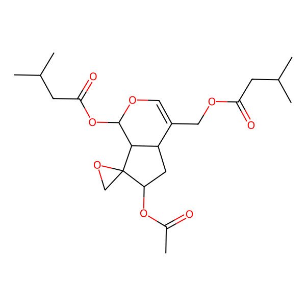 2D Structure of [(4aS,6S,7R,7aS)-6-acetyloxy-1-(3-methylbutanoyloxy)spiro[4a,5,6,7a-tetrahydro-1H-cyclopenta[c]pyran-7,2'-oxirane]-4-yl]methyl 3-methylbutanoate