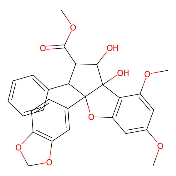 2D Structure of (1R)-1alpha,8bbeta-Dihydroxy-3beta-phenyl-3abeta-(1,3-benzodioxol-5-yl)-6,8-dimethoxy-2,3,3a,8b-tetrahydro-1H-cyclopenta[b]benzofuran-2alpha-carboxylic acid methyl ester