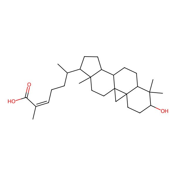 2D Structure of (Z)-6-[(1S,3R,6R,16R)-6-hydroxy-7,7,16-trimethyl-15-pentacyclo[9.7.0.01,3.03,8.012,16]octadecanyl]-2-methylhept-2-enoic acid