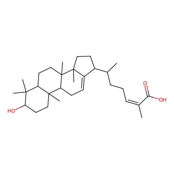 2D Structure of (E,6R)-6-[(3S,5R,8S,9S,10R,14R,17R)-3-hydroxy-4,4,8,10,14-pentamethyl-2,3,5,6,7,9,11,15,16,17-decahydro-1H-cyclopenta[a]phenanthren-17-yl]-2-methyl-hept-2-enoic acid
