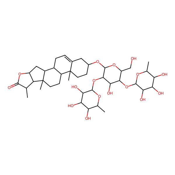2D Structure of (9S,13R)-16-[(2R,3R,4S,5S,6R)-4-hydroxy-6-(hydroxymethyl)-3,5-bis[[(2S,3R,4R,5R,6S)-3,4,5-trihydroxy-6-methyloxan-2-yl]oxy]oxan-2-yl]oxy-7,9,13-trimethyl-5-oxapentacyclo[10.8.0.02,9.04,8.013,18]icos-18-en-6-one