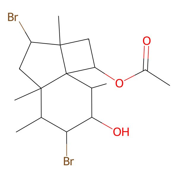 2D Structure of [(1R,2aR,3S,4aR,5R,6S,7R,8R,8aR)-3,6-dibromo-7-hydroxy-2a,4a,5,8-tetramethyl-1,2,3,4,5,6,7,8-octahydrocyclobuta[i]inden-1-yl] acetate