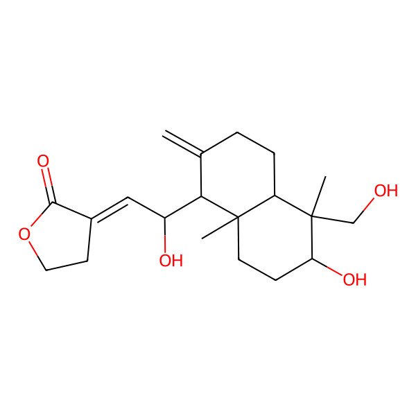 2D Structure of (3E)-3-[2-[(1R,4aS,5R,6R,8aR)-6-hydroxy-5-(hydroxymethyl)-5,8a-dimethyl-2-methylidene-3,4,4a,6,7,8-hexahydro-1H-naphthalen-1-yl]-2-hydroxyethylidene]oxolan-2-one