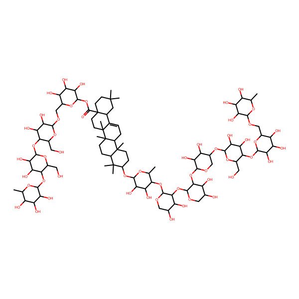2D Structure of [(2R,3R,4S,5R,6R)-6-[[(2R,3R,4R,5R,6R)-5-[(2R,3R,4R,5R,6R)-3,4-dihydroxy-6-(hydroxymethyl)-5-[(2R,3S,4S,5R,6R)-3,4,5-trihydroxy-6-methyloxan-2-yl]oxyoxan-2-yl]oxy-3,4-dihydroxy-6-(hydroxymethyl)oxan-2-yl]oxymethyl]-3,4,5-trihydroxyoxan-2-yl] (10S)-10-[(2R,3R,4S,5R,6S)-5-[(2S,3R,4S,5R)-3-[(2S,3R,4S,5R)-3-[(2S,3R,4R,5R)-5-[(2R,3R,4R,5S,6R)-3,4-dihydroxy-6-(hydroxymethyl)-5-[(2S,3R,4S,5S,6R)-3,4,5-trihydroxy-6-[[(2R,3R,4R,5R,6S)-3,4,5-trihydroxy-6-methyloxan-2-yl]oxymethyl]oxan-2-yl]oxyoxan-2-yl]oxy-3,4-dihydroxyoxan-2-yl]oxy-4,5-dihydroxyoxan-2-yl]oxy-4,5-dihydroxyoxan-2-yl]oxy-3,4-dihydroxy-6-methyloxan-2-yl]oxy-2,2,6a,6b,9,9,12a-heptamethyl-1,3,4,5,6,6a,7,8,8a,10,11,12,13,14b-tetradecahydropicene-4a-carboxylate