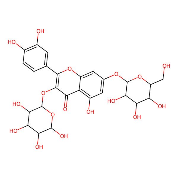 2D Structure of 2-(3,4-dihydroxyphenyl)-5-hydroxy-3-[(2S,3R,4R,5S,6R)-3,4,5,6-tetrahydroxyoxan-2-yl]oxy-7-[(2S,3R,4S,5S,6R)-3,4,5-trihydroxy-6-(hydroxymethyl)oxan-2-yl]oxychromen-4-one