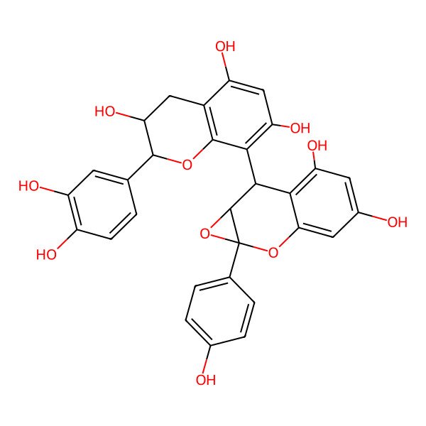 2D Structure of (2R,3R)-8-[(1aR,7S,7aS)-4,6-dihydroxy-1a-(4-hydroxyphenyl)-7,7a-dihydrooxireno[2,3-b]chromen-7-yl]-2-(3,4-dihydroxyphenyl)-3,4-dihydro-2H-chromene-3,5,7-triol
