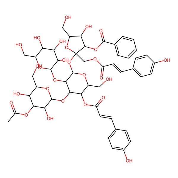 2D Structure of [(2S,3S,4R,5R)-2-[(2R,3R,4S,5R,6R)-4-[(2S,3R,4S,5R,6R)-4-acetyloxy-3,5-dihydroxy-6-(hydroxymethyl)oxan-2-yl]oxy-6-(hydroxymethyl)-5-[(E)-3-(4-hydroxyphenyl)prop-2-enoyl]oxy-3-[(2S,3R,4S,5S,6R)-3,4,5-trihydroxy-6-(hydroxymethyl)oxan-2-yl]oxyoxan-2-yl]oxy-4-hydroxy-5-(hydroxymethyl)-2-[[(E)-3-(4-hydroxyphenyl)prop-2-enoyl]oxymethyl]oxolan-3-yl] benzoate