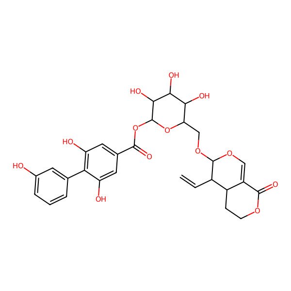 2D Structure of 1H,3H-Pyrano[3,4-c]pyran-1-one,5-ethenyl-4,4a,5,6-tetrahydro-6-[[2-O-[(3,3',5-trihydroxy[1,1'-biphenyl]-2-yl)carbonyl]-b-D-glucopyranosyl]oxy]-,(4aS,5R,6S)-