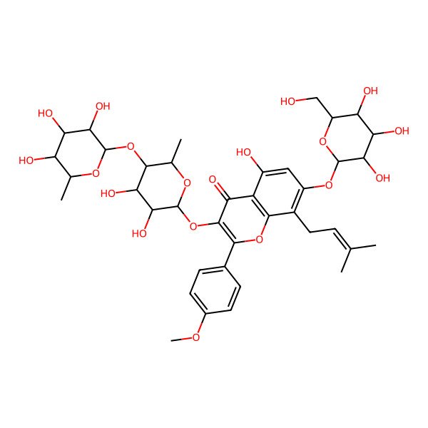 2D Structure of 3-[(2S,3R,4S,5R,6S)-3,4-dihydroxy-6-methyl-5-[(2S,3R,4R,5R,6S)-3,4,5-trihydroxy-6-methyloxan-2-yl]oxyoxan-2-yl]oxy-5-hydroxy-2-(4-methoxyphenyl)-8-(3-methylbut-2-enyl)-7-[(2S,3R,4S,5S,6R)-3,4,5-trihydroxy-6-(hydroxymethyl)oxan-2-yl]oxychromen-4-one