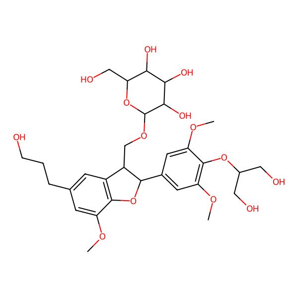 2D Structure of (2R,3R,4S,5S,6R)-2-[[(2S,3R)-2-[4-(1,3-dihydroxypropan-2-yloxy)-3,5-dimethoxyphenyl]-5-(3-hydroxypropyl)-7-methoxy-2,3-dihydro-1-benzofuran-3-yl]methoxy]-6-(hydroxymethyl)oxane-3,4,5-triol