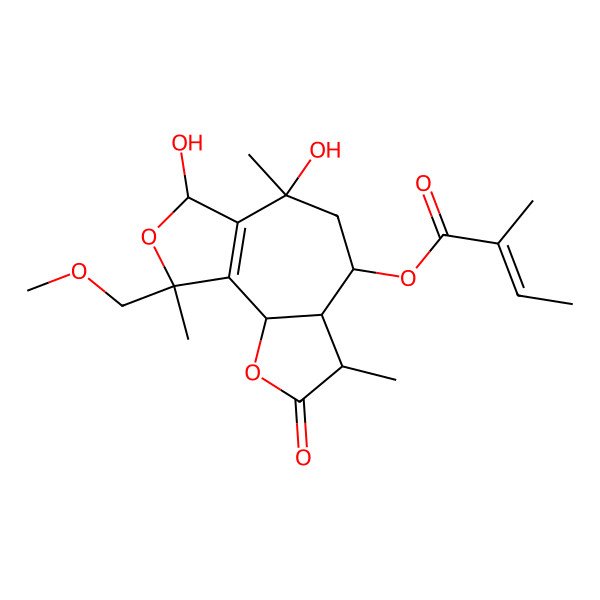 2D Structure of (3S)-3beta,6beta,9beta-Trimethyl-4beta-(angeloyloxy)-6,7alpha-dihydroxy-9-(methoxymethyl)-2,3,3abeta,5,6,7,9,9balpha-octahydro-4H-cyclohepta[2,1-b:3,4-c']difuran-2-one