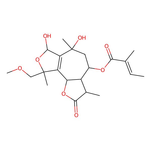 2D Structure of (3S)-3beta,6beta,9beta-Trimethyl-4beta-(angeloyloxy)-6,7alpha-dihydroxy-9-(methoxymethyl)-2,3,3abeta,5,6,7,9,9balpha-octahydro-4H-cyclohepta[2,1-b:3,4-c']difuran-2-one