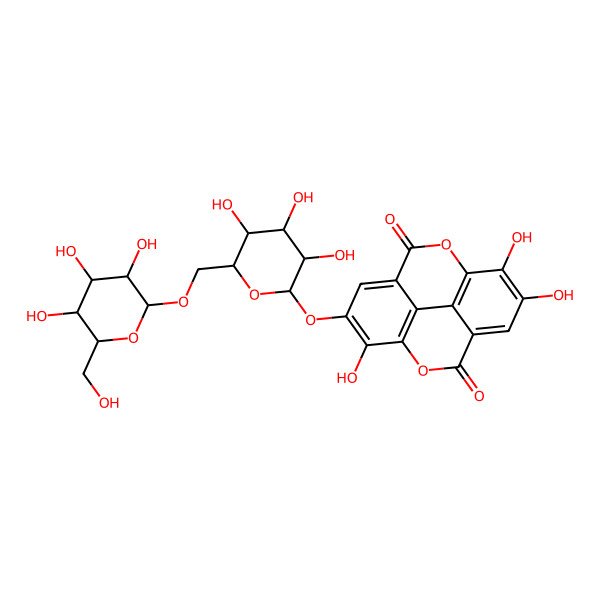 2D Structure of (1)Benzopyrano(5,4,3-cde)(1)benzopyran-5,10-dione, 2-((6-O-beta-D-glucopyranosyl-beta-D-glucopyranosyl)oxy)-3,7,8-trihydroxy-