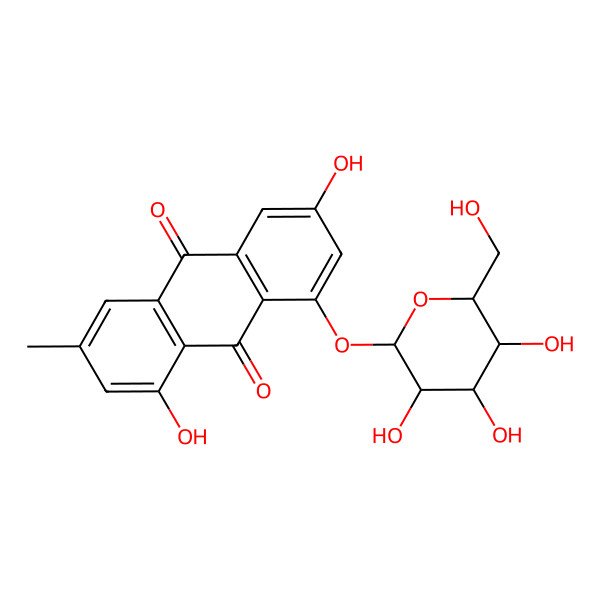 2D Structure of 1,6-dihydroxy-3-methyl-8-[(2S,5S)-3,4,5-trihydroxy-6-(hydroxymethyl)oxan-2-yl]oxyanthracene-9,10-dione