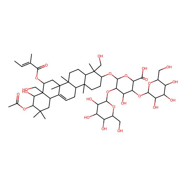 2D Structure of (2S,3S,4S,5R,6R)-6-[[(3S,4S,4aR,6aR,6bS,8R,8aS,9R,10R,12aS,14aR,14bR)-10-acetyloxy-9-hydroxy-4,8a-bis(hydroxymethyl)-4,6a,6b,11,11,14b-hexamethyl-8-[(Z)-2-methylbut-2-enoyl]oxy-1,2,3,4a,5,6,7,8,9,10,12,12a,14,14a-tetradecahydropicen-3-yl]oxy]-4-hydroxy-3,5-bis[[(2S,3R,4S,5S,6R)-3,4,5-trihydroxy-6-(hydroxymethyl)oxan-2-yl]oxy]oxane-2-carboxylic acid