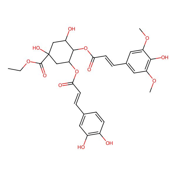 2D Structure of ethyl (1S,3R,4R,5R)-3-[(E)-3-(3,4-dihydroxyphenyl)prop-2-enoyl]oxy-1,5-dihydroxy-4-[(E)-3-(4-hydroxy-3,5-dimethoxyphenyl)prop-2-enoyl]oxycyclohexane-1-carboxylate