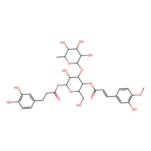 2D Structure of [(2S,3R,4R,5R,6R)-3-hydroxy-5-[(E)-3-(3-hydroxy-4-methoxyphenyl)prop-2-enoyl]oxy-6-(hydroxymethyl)-4-[(2S,3R,4R,5R,6S)-3,4,5-trihydroxy-6-methyloxan-2-yl]oxyoxan-2-yl] 3-(3,4-dihydroxyphenyl)propanoate
