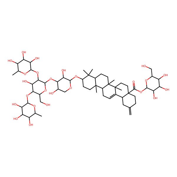 2D Structure of [(2S,3R,4S,5S,6R)-3,4,5-trihydroxy-6-(hydroxymethyl)oxan-2-yl] (4aS,6aR,6aS,6bR,8aR,10S,12aR,14bS)-10-[(2S,3R,4S,5R)-3,5-dihydroxy-4-[(2S,3R,4S,5S,6R)-4-hydroxy-6-(hydroxymethyl)-3,5-bis[[(2S,3R,4R,5R,6S)-3,4,5-trihydroxy-6-methyloxan-2-yl]oxy]oxan-2-yl]oxyoxan-2-yl]oxy-6a,6b,9,9,12a-pentamethyl-2-methylidene-1,3,4,5,6,6a,7,8,8a,10,11,12,13,14b-tetradecahydropicene-4a-carboxylate