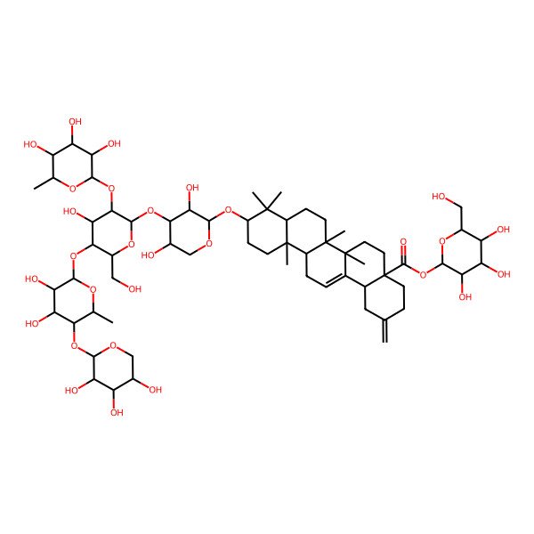 2D Structure of [(2S,3R,4S,5S,6R)-3,4,5-trihydroxy-6-(hydroxymethyl)oxan-2-yl] (4aS,6aR,6aS,6bR,8aR,10S,12aR,14bS)-10-[(2S,3R,4S,5R)-4-[(2S,3R,4S,5S,6R)-5-[(2S,3R,4S,5R,6S)-3,4-dihydroxy-6-methyl-5-[(2S,3R,4S,5S)-3,4,5-trihydroxyoxan-2-yl]oxyoxan-2-yl]oxy-4-hydroxy-6-(hydroxymethyl)-3-[(2S,3R,4R,5R,6S)-3,4,5-trihydroxy-6-methyloxan-2-yl]oxyoxan-2-yl]oxy-3,5-dihydroxyoxan-2-yl]oxy-6a,6b,9,9,12a-pentamethyl-2-methylidene-1,3,4,5,6,6a,7,8,8a,10,11,12,13,14b-tetradecahydropicene-4a-carboxylate