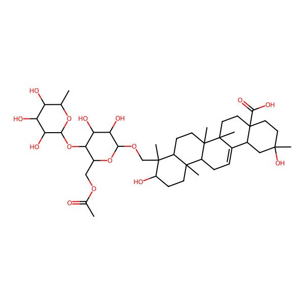 2D Structure of (2R,4aR,6aR,6aS,6bR,8aR,9S,10S,12aR,14bS)-9-[[(2R,3R,4R,5S,6R)-6-(acetyloxymethyl)-3,4-dihydroxy-5-[(2S,3R,4R,5R,6S)-3,4,5-trihydroxy-6-methyloxan-2-yl]oxyoxan-2-yl]oxymethyl]-2,10-dihydroxy-2,6a,6b,9,12a-pentamethyl-1,3,4,5,6,6a,7,8,8a,10,11,12,13,14b-tetradecahydropicene-4a-carboxylic acid