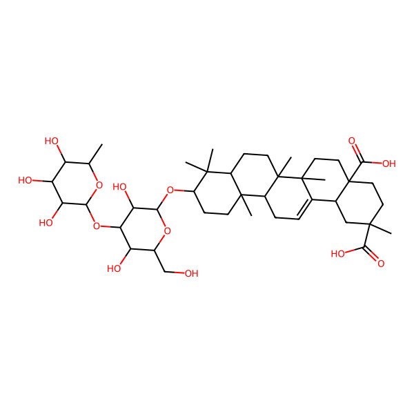 2D Structure of (2R,4aR,6aR,6aS,6bR,8aR,10S,12aR,14bS)-10-[(2R,3R,4S,5R,6R)-3,5-dihydroxy-6-(hydroxymethyl)-4-[(2S,3R,4R,5R,6S)-3,4,5-trihydroxy-6-methyloxan-2-yl]oxyoxan-2-yl]oxy-2,6a,6b,9,9,12a-hexamethyl-1,3,4,5,6,6a,7,8,8a,10,11,12,13,14b-tetradecahydropicene-2,4a-dicarboxylic acid