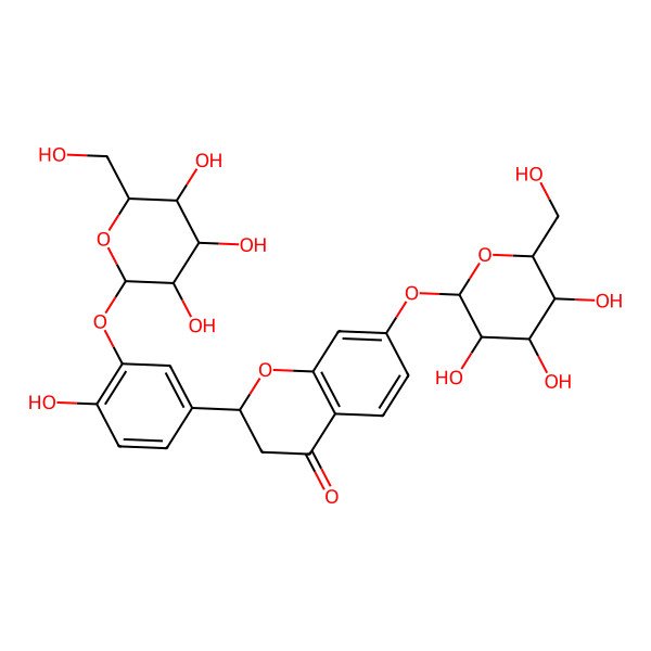 2D Structure of (2S)-2-[4-hydroxy-3-[3,4,5-trihydroxy-6-(hydroxymethyl)oxan-2-yl]oxyphenyl]-7-[3,4,5-trihydroxy-6-(hydroxymethyl)oxan-2-yl]oxy-2,3-dihydrochromen-4-one