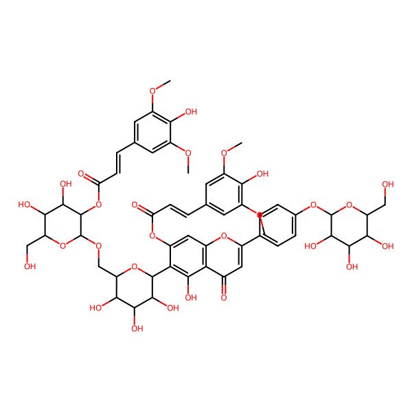 2D Structure of 2-[4-(beta-D-Glucopyranosyloxy)phenyl]-5-hydroxy-6-[6-O-[2-O-(3,5-dimethoxy-4-hydroxycinnamoyl)-beta-D-glucopyranosyl]-beta-D-glucopyranosyl]-7-(3,5-dimethoxy-4-hydroxycinnamoyloxy)-4H-1-benzopyran-4-one