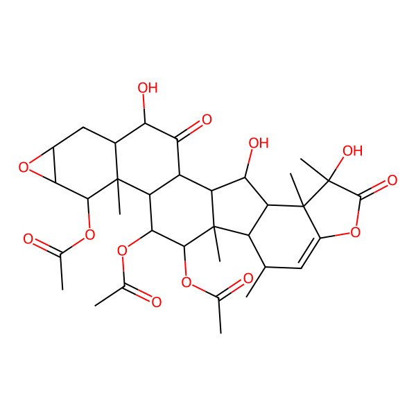 2D Structure of (10,14-Diacetyloxy-4,22,25-trihydroxy-11,15,17,22,23-pentamethyl-3,21-dioxo-8,20-dioxaheptacyclo[13.10.0.02,12.05,11.07,9.016,24.019,23]pentacos-18-en-13-yl) acetate