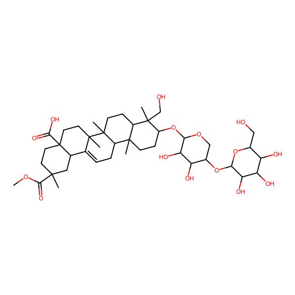 2D Structure of 10-[(2S,3R,4R,5R)-3,4-dihydroxy-5-[(2S,3R,4S,5S,6R)-3,4,5-trihydroxy-6-(hydroxymethyl)oxan-2-yl]oxyoxan-2-yl]oxy-9-(hydroxymethyl)-2-methoxycarbonyl-2,6a,6b,9,12a-pentamethyl-1,3,4,5,6,6a,7,8,8a,10,11,12,13,14b-tetradecahydropicene-4a-carboxylic acid