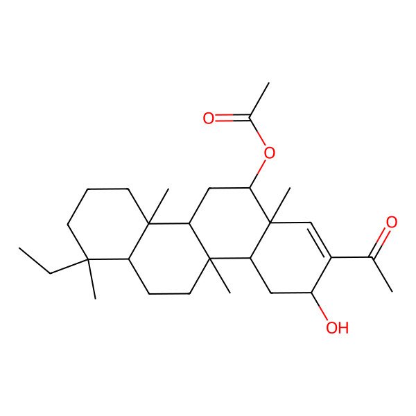 2D Structure of (3S)-2-Acetyl-4bbeta,7alpha,10abeta,12abeta-tetramethyl-7-ethyl-12alpha-acetoxy-3,4,4aalpha,4b,5,6,6aalpha,7,8,9,10,10a,10balpha,11,12,12a-hexadecahydrochrysene-3beta-ol