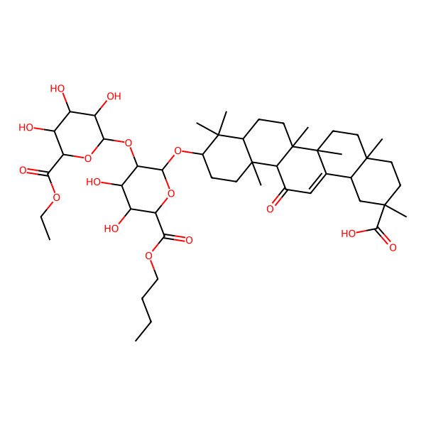 2D Structure of (2S,4aS,6bR,12aS)-10-[(2R,3R,4S,5S,6S)-6-butoxycarbonyl-3-[(2R,3R,4S,5S,6S)-6-ethoxycarbonyl-3,4,5-trihydroxyoxan-2-yl]oxy-4,5-dihydroxyoxan-2-yl]oxy-2,4a,6a,6b,9,9,12a-heptamethyl-13-oxo-3,4,5,6,6a,7,8,8a,10,11,12,14b-dodecahydro-1H-picene-2-carboxylic acid