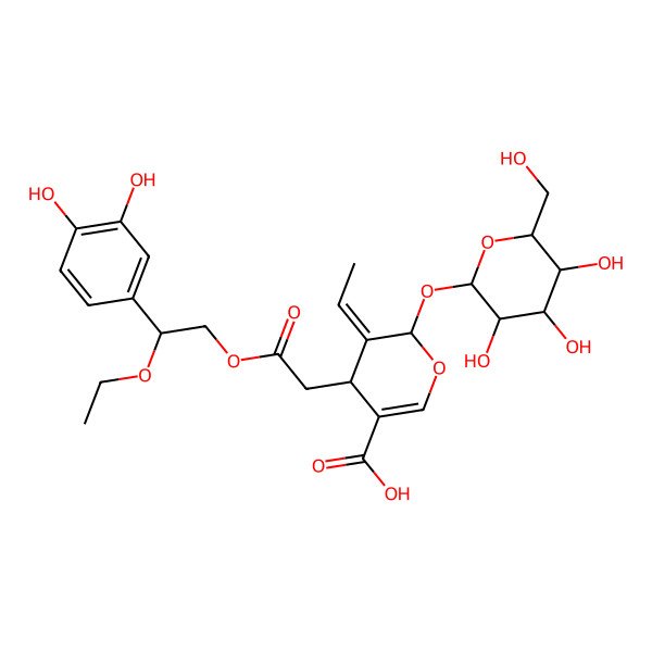 2D Structure of (4S,5Z,6S)-4-[2-[2-(3,4-dihydroxyphenyl)-2-ethoxy-ethoxy]-2-oxo-ethyl]-5-ethylidene-6-[(3R,4S,5S,6R)-3,4,5-trihydroxy-6-(hydroxymethyl)tetrahydropyran-2-yl]oxy-4H-pyran-3-carboxylic acid