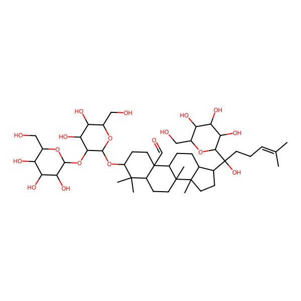 2D Structure of 3-[(2R,3R,4S,5S,6R)-4,5-dihydroxy-6-(hydroxymethyl)-3-[(2S,3R,4S,5S,6R)-3,4,5-trihydroxy-6-(hydroxymethyl)oxan-2-yl]oxyoxan-2-yl]oxy-17-[1-hydroxy-5-methyl-1-[(2S,3R,4S,5S,6R)-3,4,5-trihydroxy-6-(hydroxymethyl)oxan-2-yl]hex-4-enyl]-4,4,8,14-tetramethyl-2,3,5,6,7,9,11,12,13,15,16,17-dodecahydro-1H-cyclopenta[a]phenanthrene-10-carbaldehyde