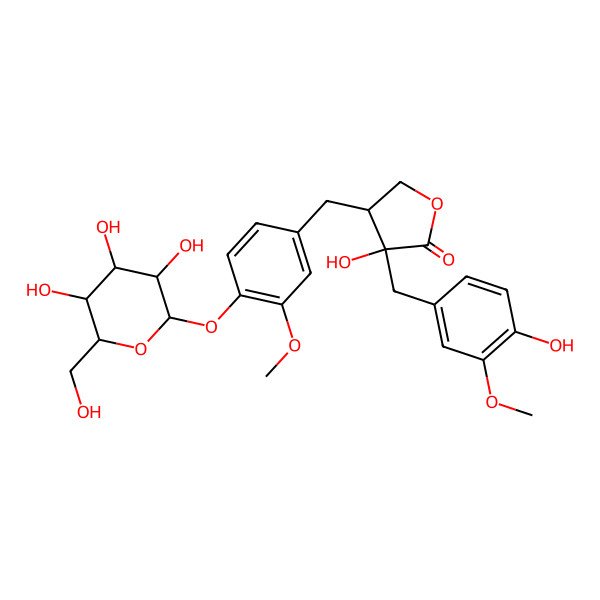 2D Structure of 3-hydroxy-3-[(4-hydroxy-3-methoxyphenyl)methyl]-4-[[3-methoxy-4-[(2S,3R,4S,5S,6R)-3,4,5-trihydroxy-6-(hydroxymethyl)oxan-2-yl]oxyphenyl]methyl]oxolan-2-one