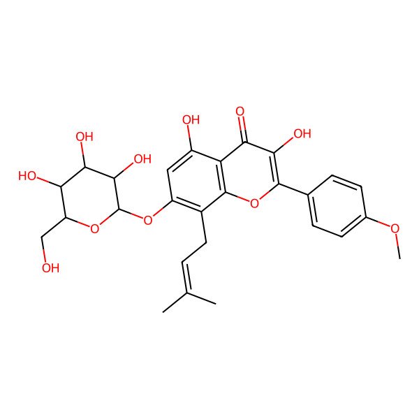 2D Structure of 3,5-Dihydroxy-2-(4-methoxyphenyl)-8-(3-methylbut-2-enyl)-7-[3,4,5-trihydroxy-6-(hydroxymethyl)oxan-2-yl]oxychromen-4-one