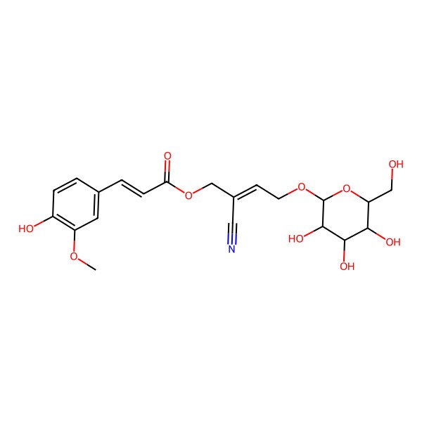 2D Structure of [(E)-2-cyano-4-[(2R,3R,4S,5S,6R)-3,4,5-trihydroxy-6-(hydroxymethyl)oxan-2-yl]oxybut-2-enyl] (E)-3-(4-hydroxy-3-methoxyphenyl)prop-2-enoate