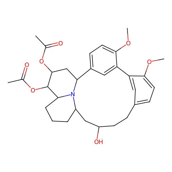2D Structure of [(1R,14R,16S)-21-acetyloxy-14-hydroxy-5,8-dimethoxy-24-azapentacyclo[14.7.1.12,6.17,11.020,24]hexacosa-2(26),3,5,7,9,11(25)-hexaen-22-yl] acetate