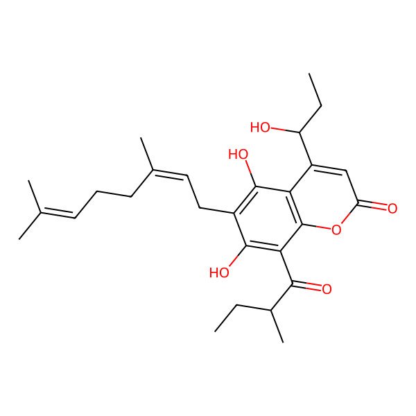 2D Structure of 6-[(2E)-3,7-dimethylocta-2,6-dienyl]-5,7-dihydroxy-4-[(1S)-1-hydroxypropyl]-8-(2-methylbutanoyl)chromen-2-one