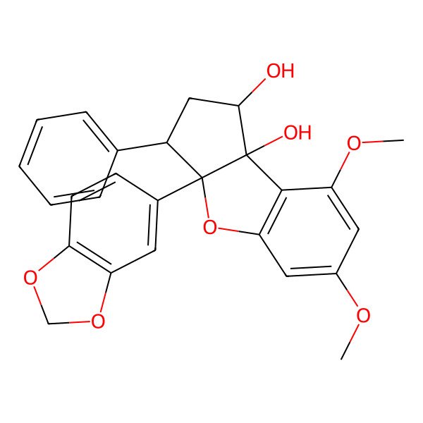 2D Structure of 8bH-Cyclopenta[b]benzofuran-1,8b-diol, 3a-(1,3-benzodioxol-5-yl)-1,2,3,3a-tetrahydro-6,8-dimethoxy-3-phenyl-, (1R,3S,3aR,8bS)-