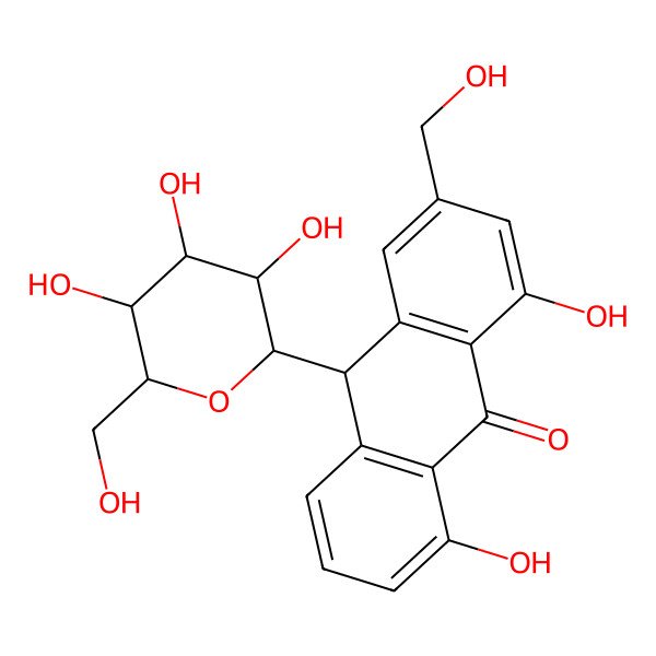 2D Structure of (10R)-1,8-Dihydroxy-3-(hydroxymethyl)-10-[(2S,3S,4R,5R,6R)-3,4,5-trihydroxy-6-(hydroxymethyl)oxan-2-yl]-10H-anthracen-9-one