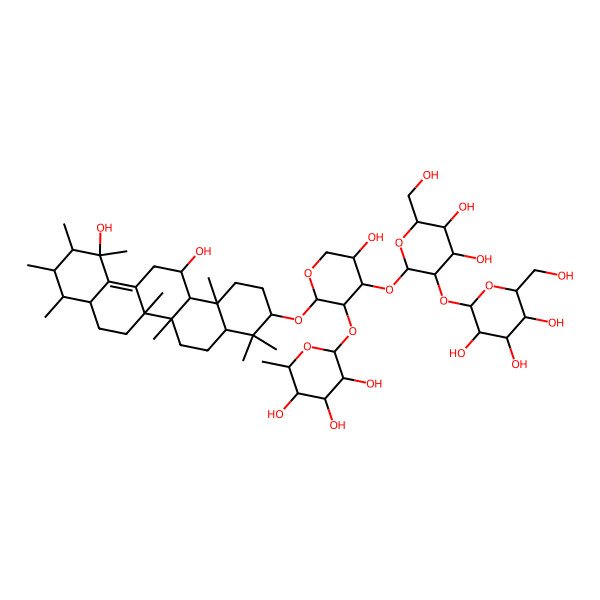 2D Structure of (2S,3R,4R,5R,6S)-2-[(2S,3R,4S,5S)-2-[[(6aR,6bS,9R,10S,11R,12R,14bS)-12,14-dihydroxy-4,4,6a,6b,9,10,11,12,14b-nonamethyl-2,3,4a,5,6,7,8,8a,9,10,11,13,14,14a-tetradecahydro-1H-picen-3-yl]oxy]-4-[(2S,3R,4S,5S,6R)-4,5-dihydroxy-6-(hydroxymethyl)-3-[(2S,3R,4S,5S,6R)-3,4,5-trihydroxy-6-(hydroxymethyl)oxan-2-yl]oxyoxan-2-yl]oxy-5-hydroxyoxan-3-yl]oxy-6-methyloxane-3,4,5-triol