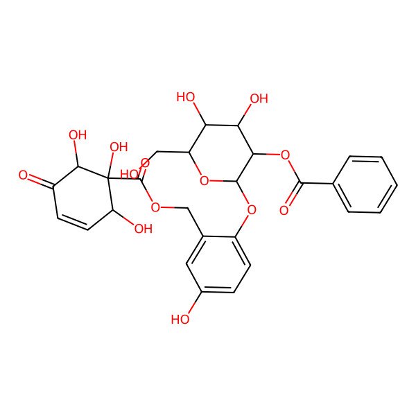 2D Structure of [2-[(2S,3R,4S,5S,6R)-3-benzoyloxy-4,5-dihydroxy-6-(hydroxymethyl)oxan-2-yl]oxy-5-hydroxyphenyl]methyl (1R,2R,6R)-1,2,6-trihydroxy-5-oxocyclohex-3-ene-1-carboxylate