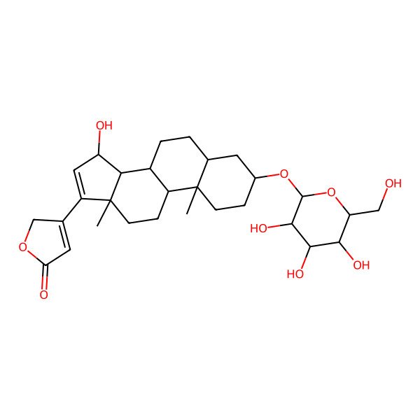 2D Structure of 3-[(3S,5R,8R,10S,13S,14R,15R)-15-hydroxy-10,13-dimethyl-3-[(2R,3R,4S,5S,6R)-3,4,5-trihydroxy-6-(hydroxymethyl)oxan-2-yl]oxy-2,3,4,5,6,7,8,9,11,12,14,15-dodecahydro-1H-cyclopenta[a]phenanthren-17-yl]-2H-furan-5-one