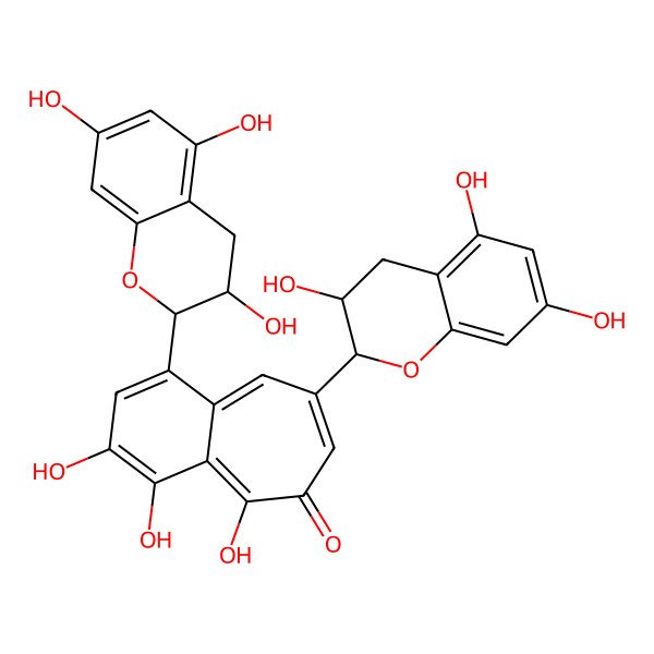 2D Structure of 3,4,5-trihydroxy-8-[(2R,3S)-3,5,7-trihydroxy-3,4-dihydro-2H-chromen-2-yl]-1-[(2S,3S)-3,5,7-trihydroxy-3,4-dihydro-2H-chromen-2-yl]benzo[7]annulen-6-one