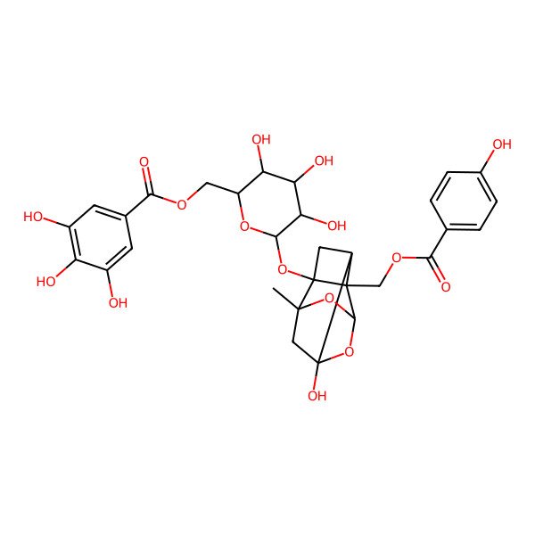 2D Structure of [(2R,3S,4S,5R,6S)-3,4,5-trihydroxy-6-[[(1R,2S,3R,5R,6R,8S)-6-hydroxy-2-[(4-hydroxybenzoyl)oxymethyl]-8-methyl-9,10-dioxatetracyclo[4.3.1.02,5.03,8]decan-3-yl]oxy]oxan-2-yl]methyl 3,4,5-trihydroxybenzoate