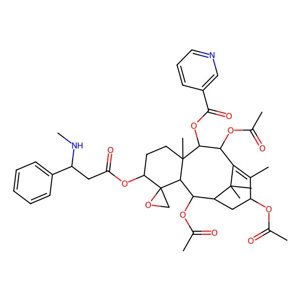 2D Structure of [(1'R,2S,2'R,3'R,5'S,8'R,9'R,10'R,13'S)-2',10',13'-triacetyloxy-8',12',15',15'-tetramethyl-5'-[(3R)-3-(methylamino)-3-phenylpropanoyl]oxyspiro[oxirane-2,4'-tricyclo[9.3.1.03,8]pentadec-11-ene]-9'-yl] pyridine-3-carboxylate