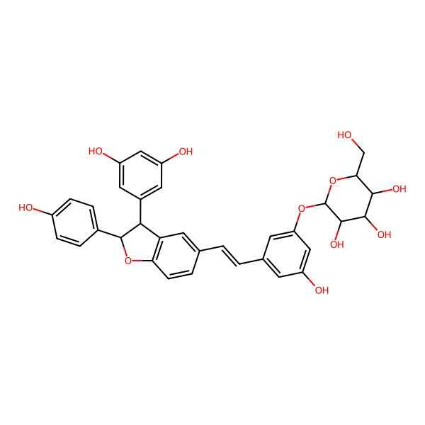 2D Structure of 3-Hydroxy-5-[2-[2,3-dihydro-2alpha-(4-hydroxyphenyl)-3beta-(3,5-dihydroxyphenyl)benzofuran-5-yl]ethenyl]phenyl beta-D-glucopyranoside
