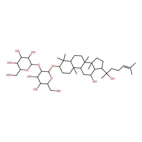 2D Structure of 2-[4,5-dihydroxy-2-[[12-hydroxy-17-(1-hydroxy-1,5-dimethyl-hex-4-enyl)-4,4,8,10,14-pentamethyl-2,3,5,6,7,9,11,12,13,15,16,17-dodecahydro-1H-cyclopenta[a]phenanthren-3-yl]oxy]-6-(hydroxymethyl)tetrahydropyran-3-yl]oxy-6-(hydroxymethyl)tetrahydropyran-3,4,5;Ginsenoside Rg3