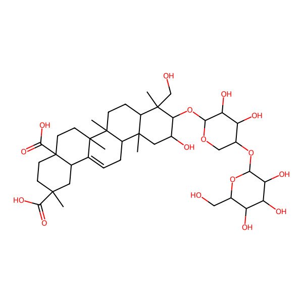 2D Structure of 10-[(2S,3R,4R,5R)-3,4-dihydroxy-5-[(2S,3R,4S,5S,6R)-3,4,5-trihydroxy-6-(hydroxymethyl)oxan-2-yl]oxyoxan-2-yl]oxy-11-hydroxy-9-(hydroxymethyl)-2,6a,6b,9,12a-pentamethyl-1,3,4,5,6,6a,7,8,8a,10,11,12,13,14b-tetradecahydropicene-2,4a-dicarboxylic acid